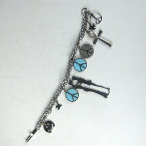 Silver Tone Charm Bracelet Peace Signs Ankh Cross Dove Couple Smile Charms 1970s